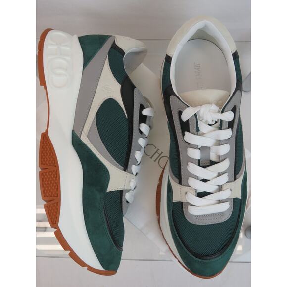 JIMMY CHOO LANDON GREEN GRAY SUEDE BLACK LEATHER PLATFORM SNEAKERS 44 11 - Picture 4 of 15